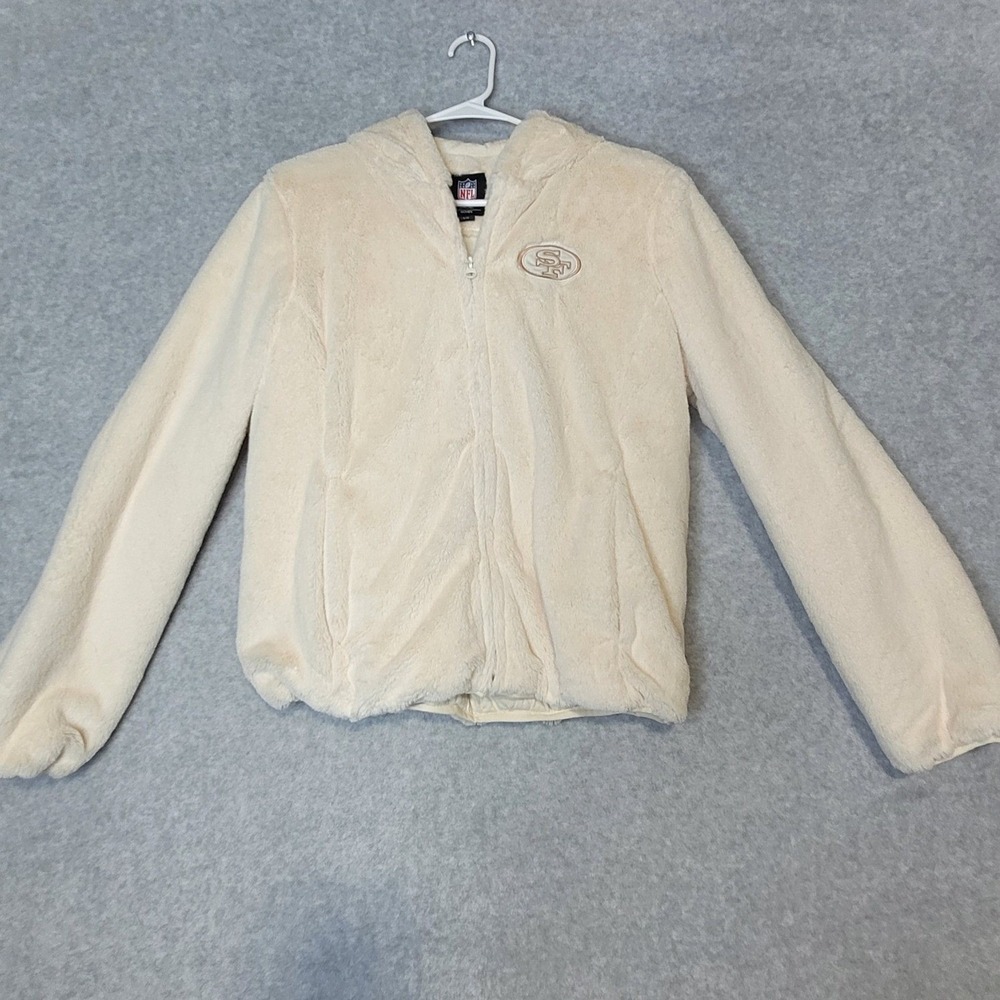 NFL Team Apparel San Francisco 49ers Women Cream Faux Fur Hooded Jacket Large